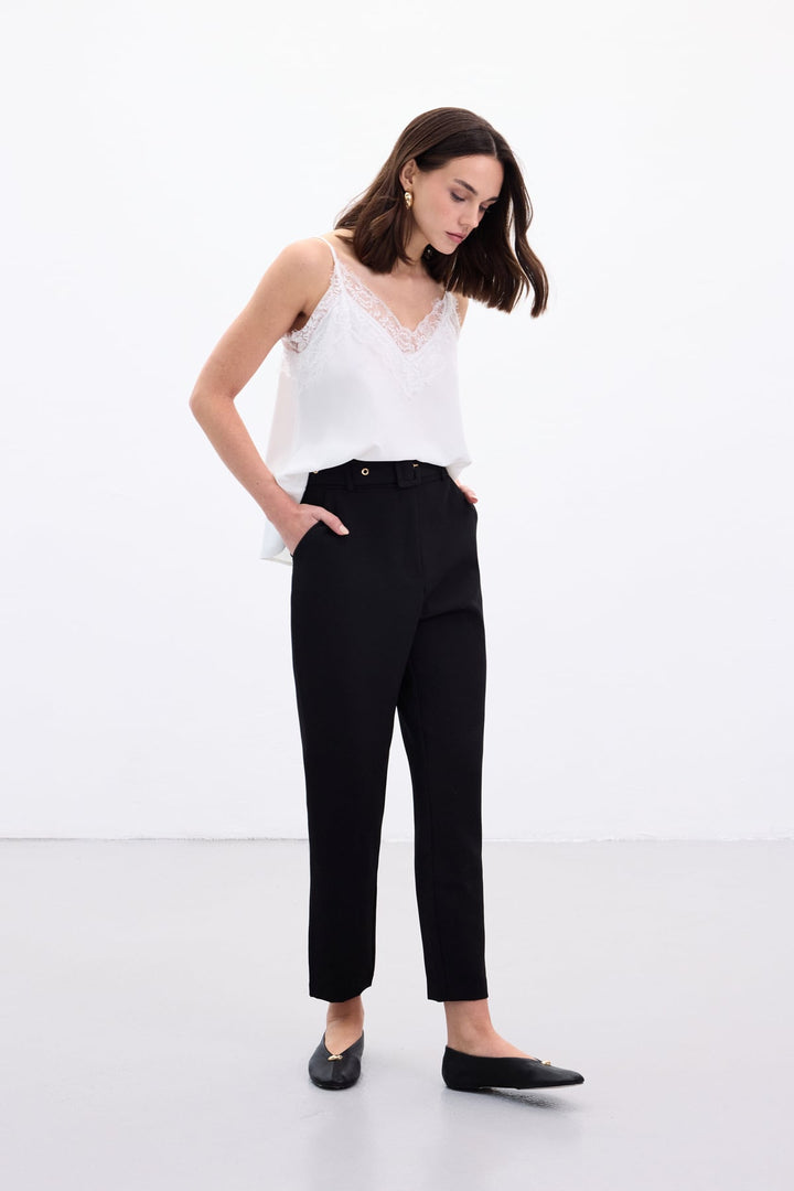 Sateen Pantalon Ceinturé - Noir