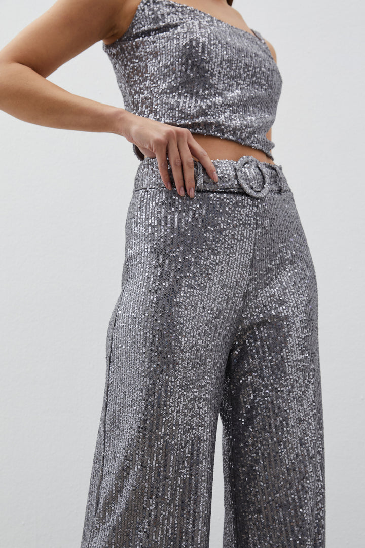 Sateen Pantalon à paillettes avec ceinture - Argent