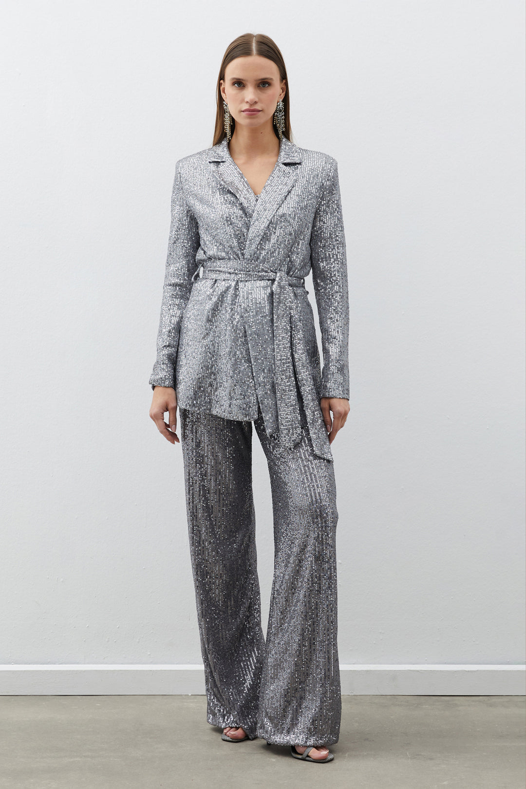 Sateen Pantalon à paillettes avec ceinture - Argent