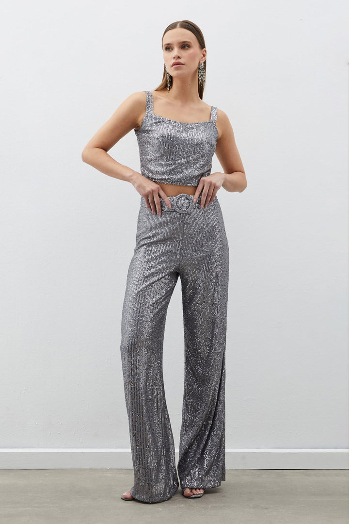 Sateen Pantalon à paillettes avec ceinture - Argent