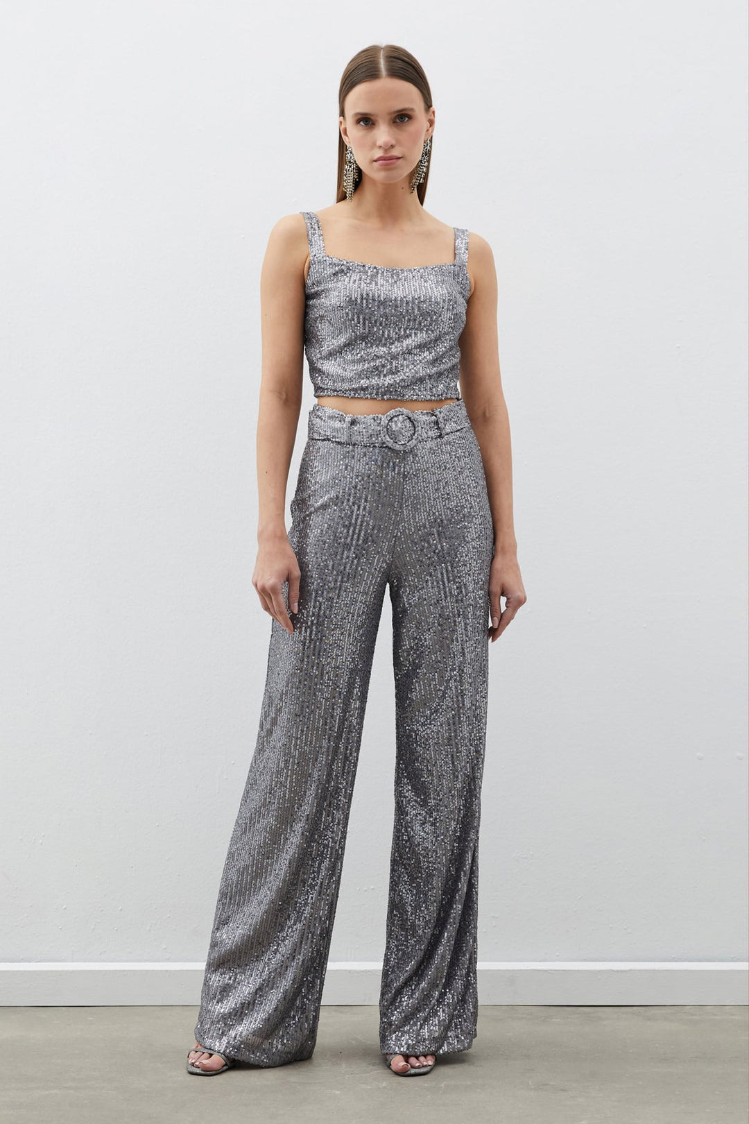 Sateen Pantalon à paillettes avec ceinture - Argent