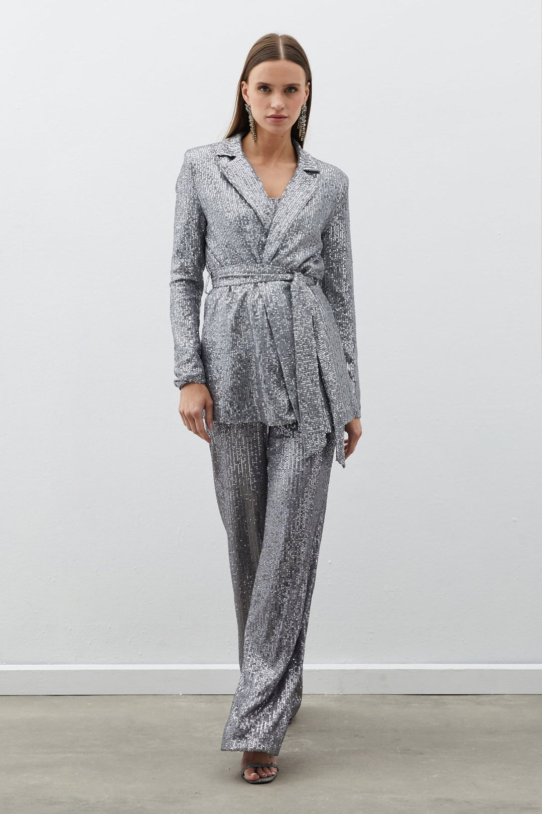 Sateen Pantalon à paillettes avec ceinture - Argent
