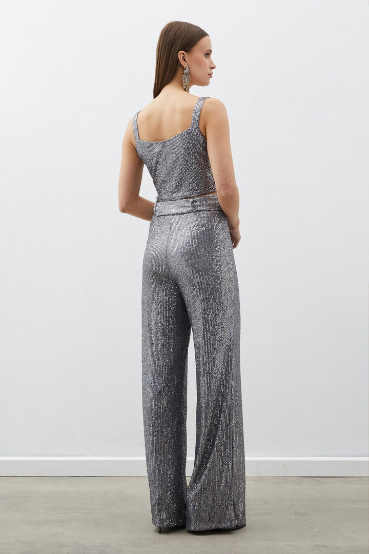Sateen Pantalon à paillettes avec ceinture - Argent