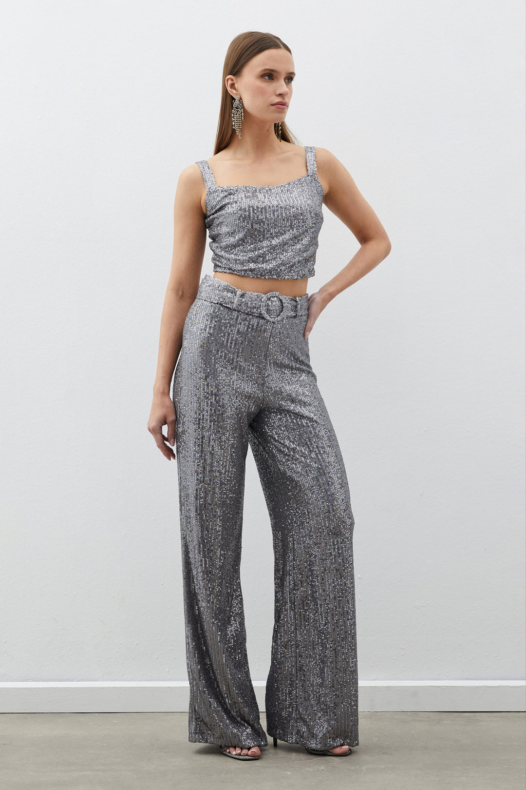 Sateen Pantalon à paillettes avec ceinture - Argent