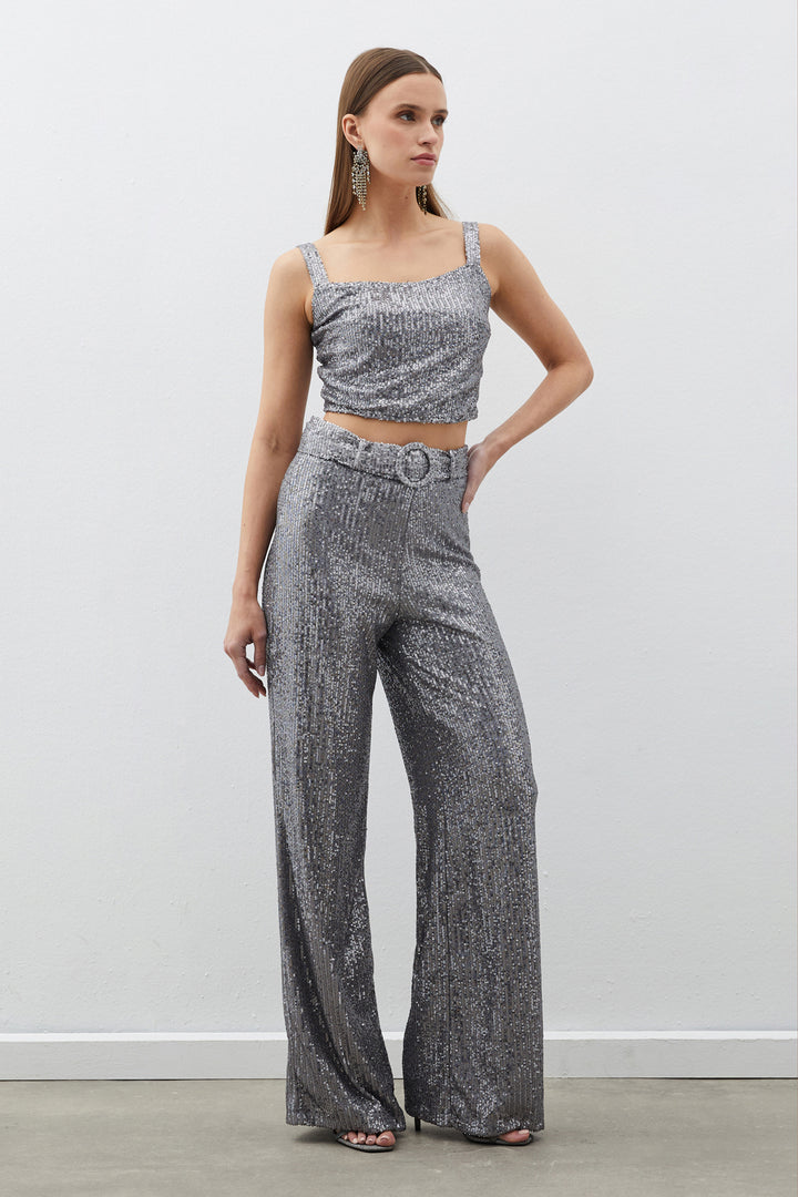 Sateen Pantalon à paillettes avec ceinture - Argent