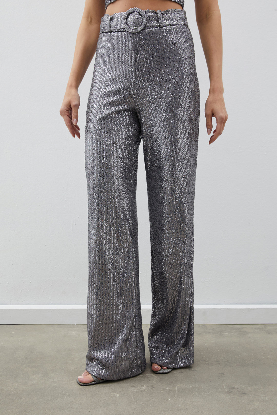 Sateen Pantalon à paillettes avec ceinture - Argent