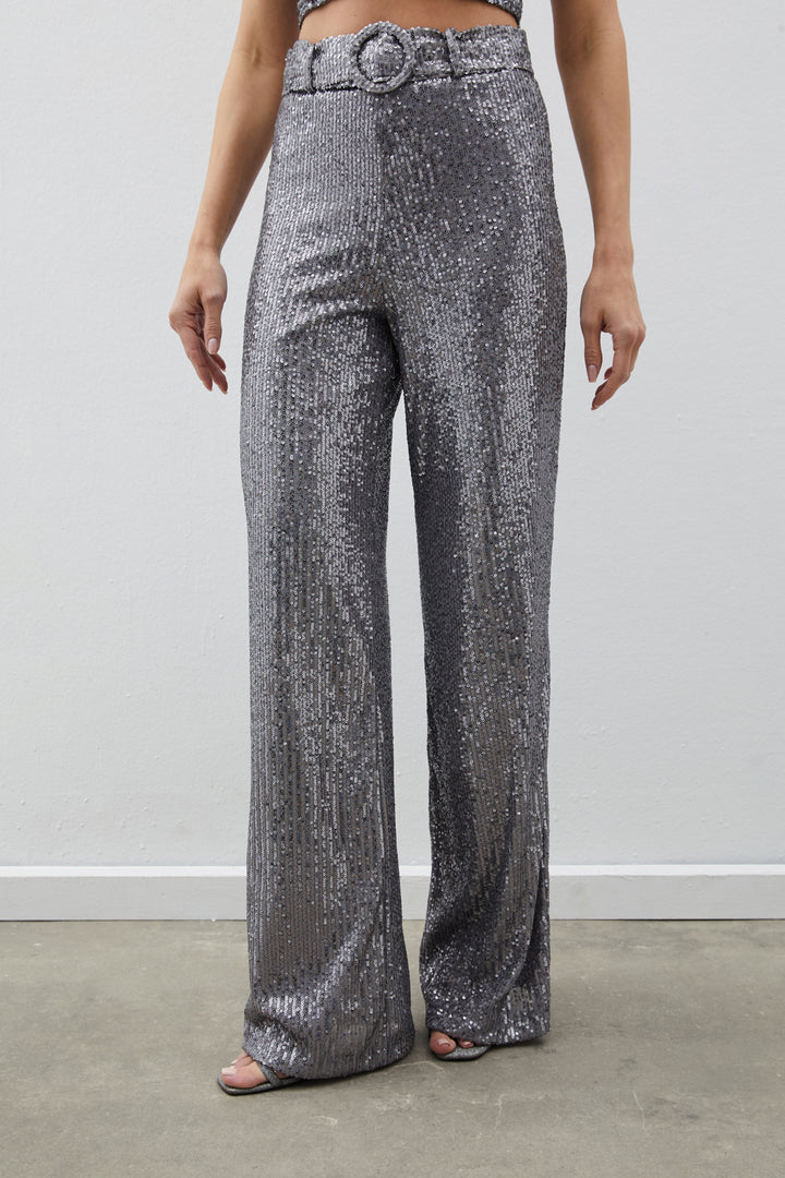Sateen Pantalon à paillettes avec ceinture - Argent