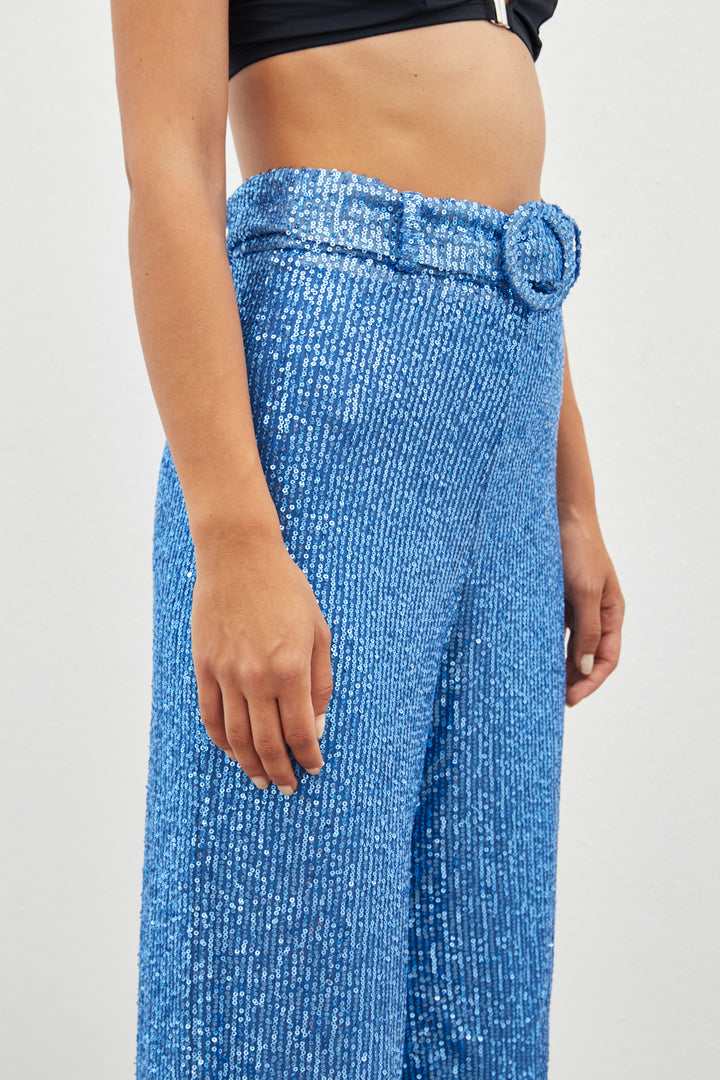 Sateen Pantalon à paillettes ceinturé - Indigo