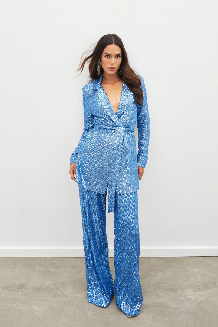 Sateen Pantalon à paillettes ceinturé - Indigo