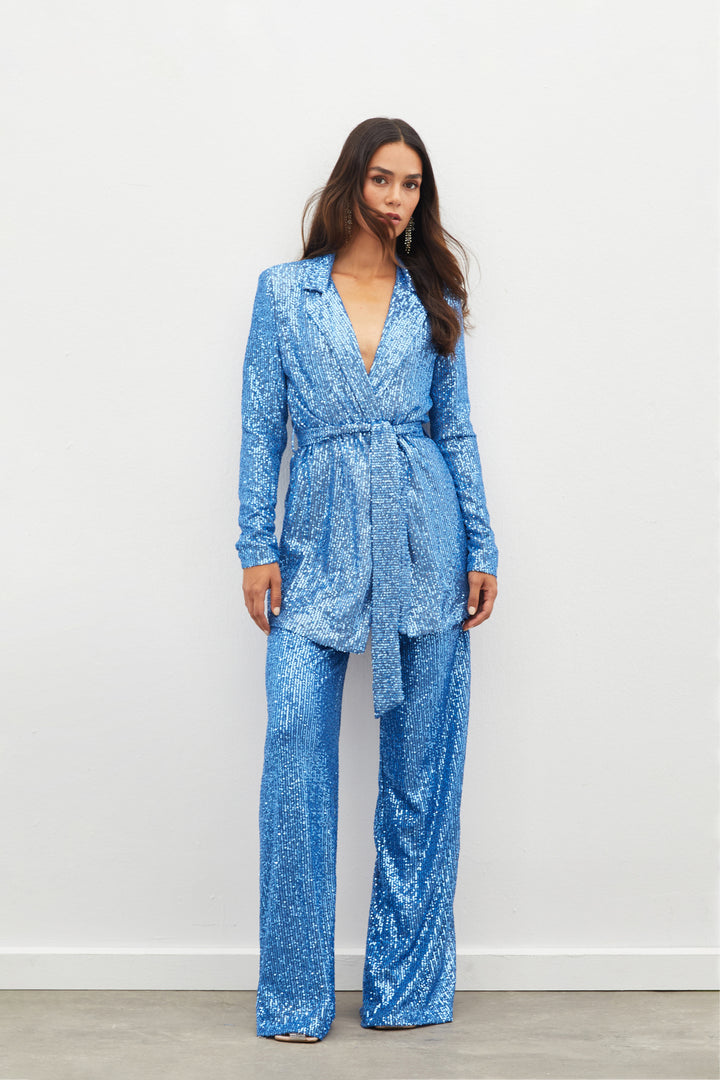 Sateen Pantalon à paillettes ceinturé - Indigo