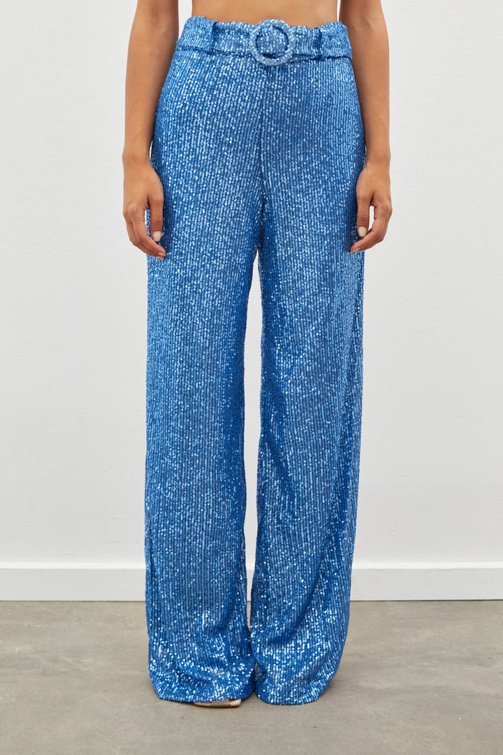 Sateen Pantalon à paillettes ceinturé - Indigo