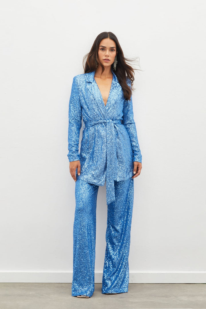 Sateen Pantalon à paillettes ceinturé - Indigo