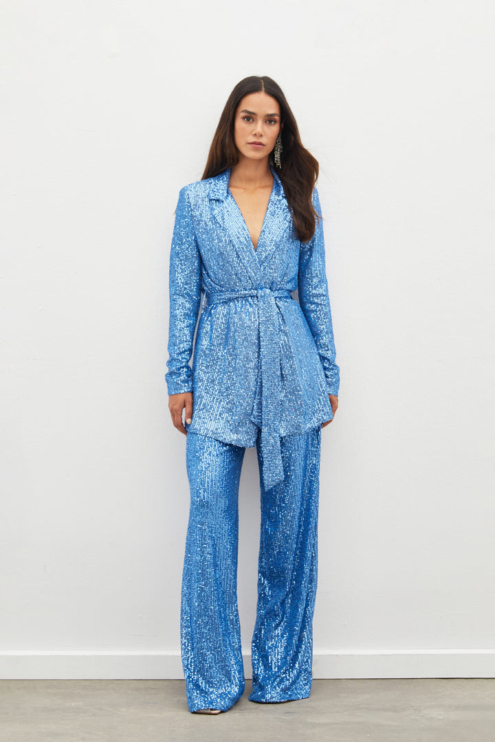 Sateen Pantalon à paillettes ceinturé - Indigo