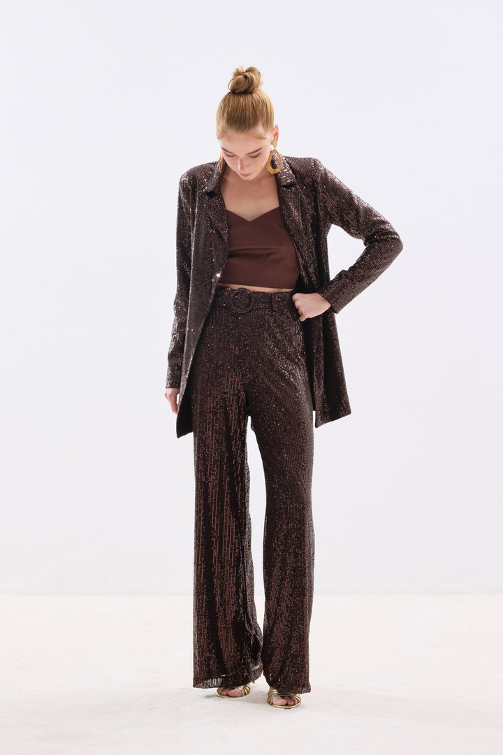 Sateen Pantalon à paillettes ceinturé - Marron