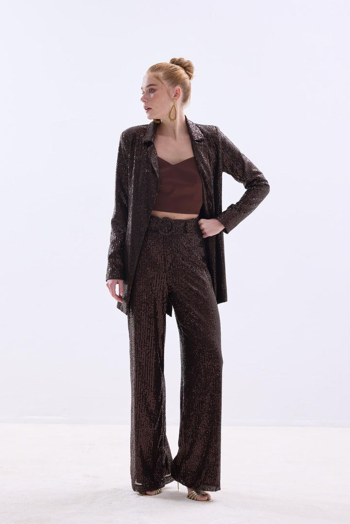 Sateen Pantalon à paillettes ceinturé - Marron