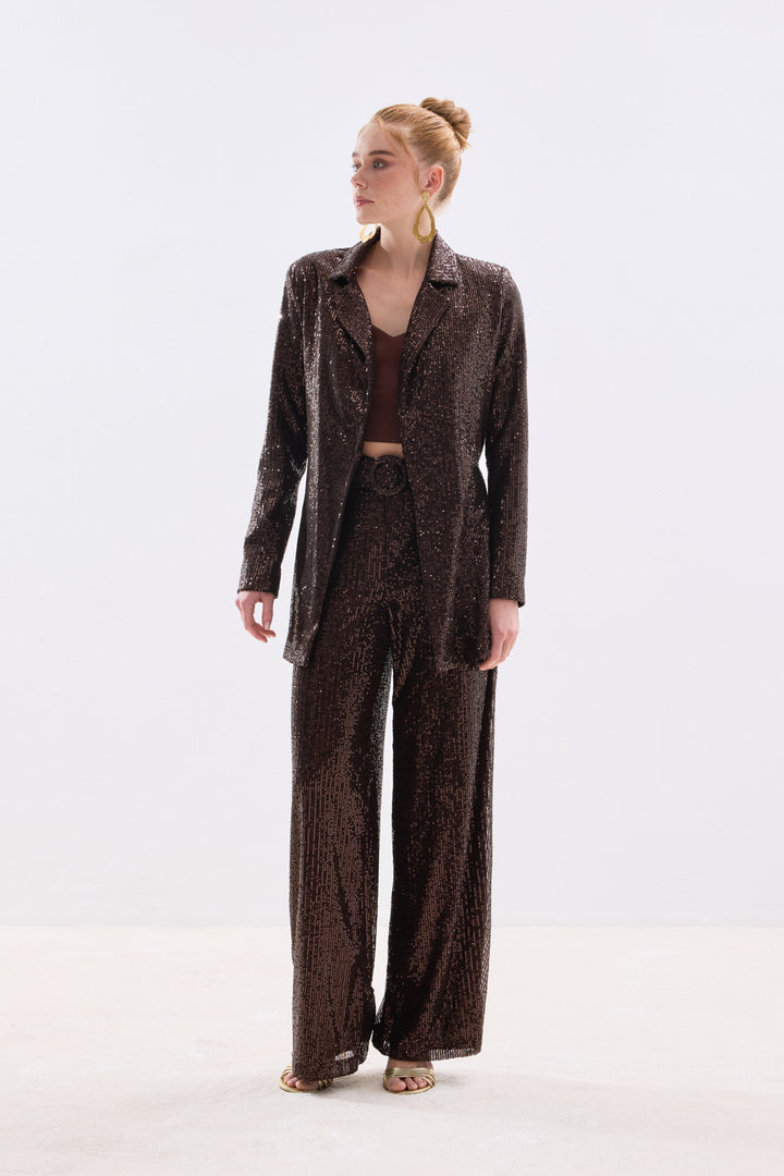 Sateen Pantalon à paillettes ceinturé - Marron