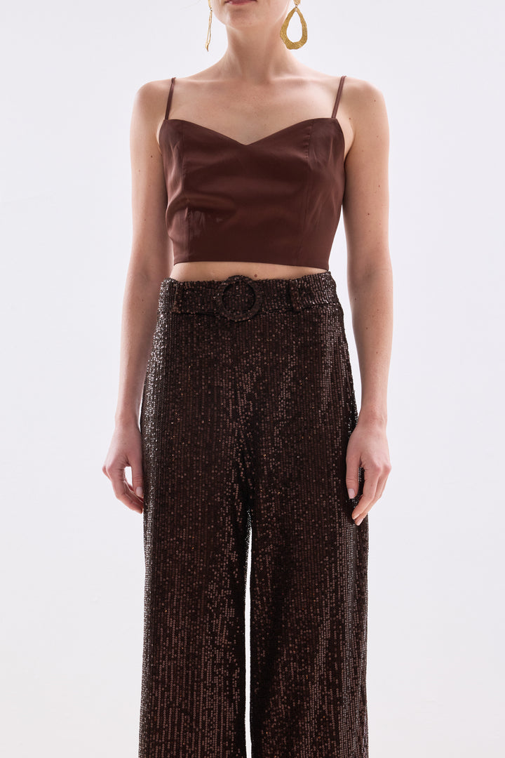 Sateen Pantalon à paillettes ceinturé - Marron