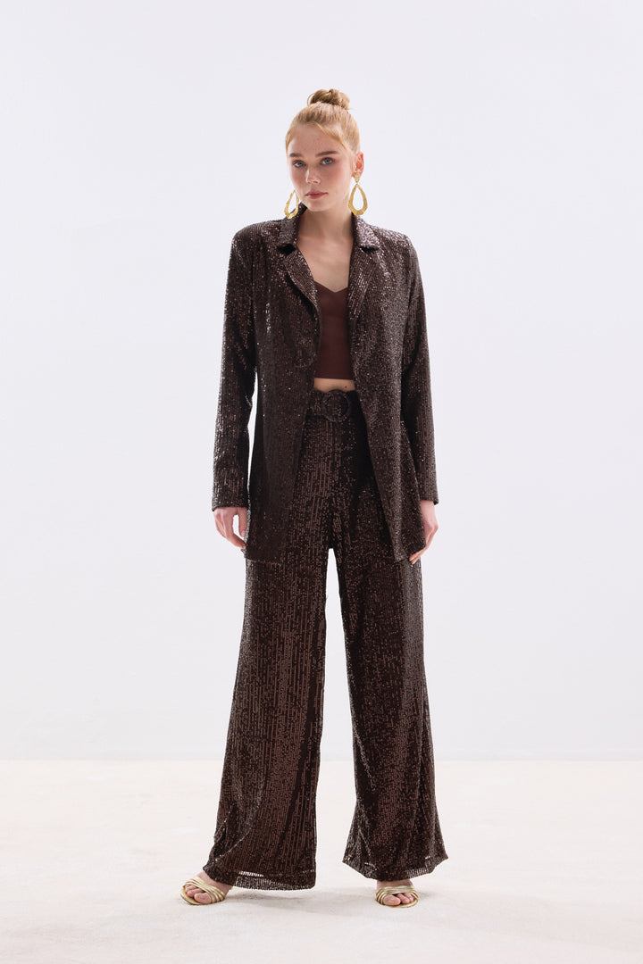 Sateen Pantalon à paillettes ceinturé - Marron