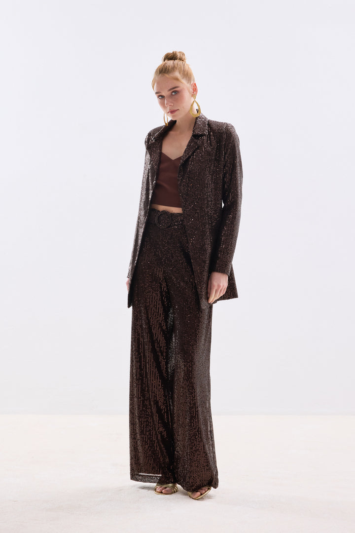 Sateen Pantalon à paillettes ceinturé - Marron