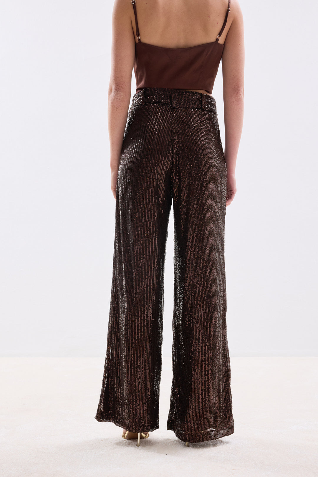 Sateen Pantalon à paillettes ceinturé - Marron