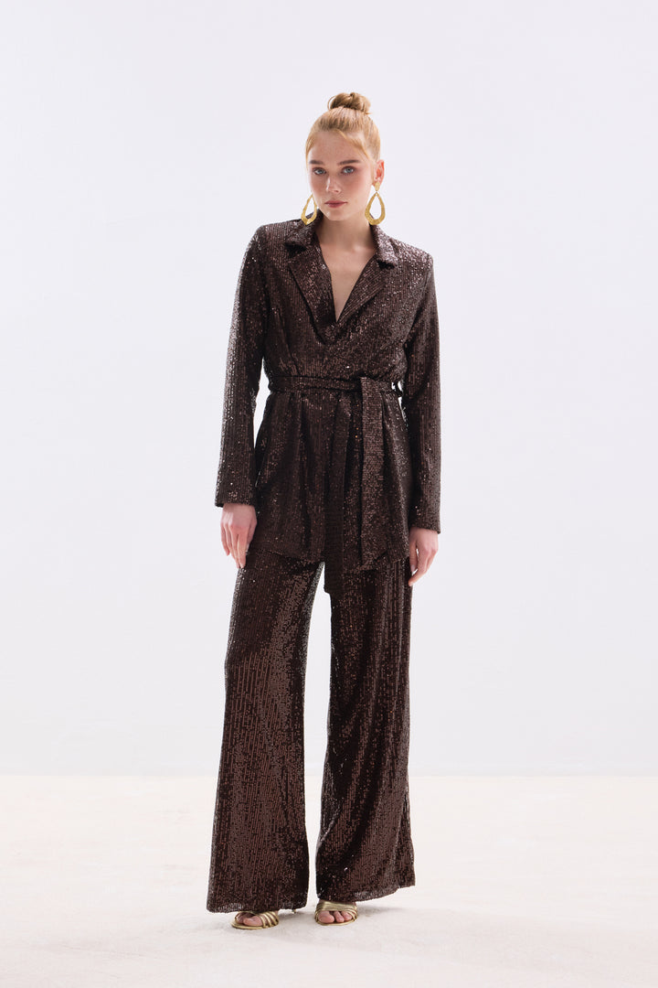 Sateen Pantalon à paillettes ceinturé - Marron
