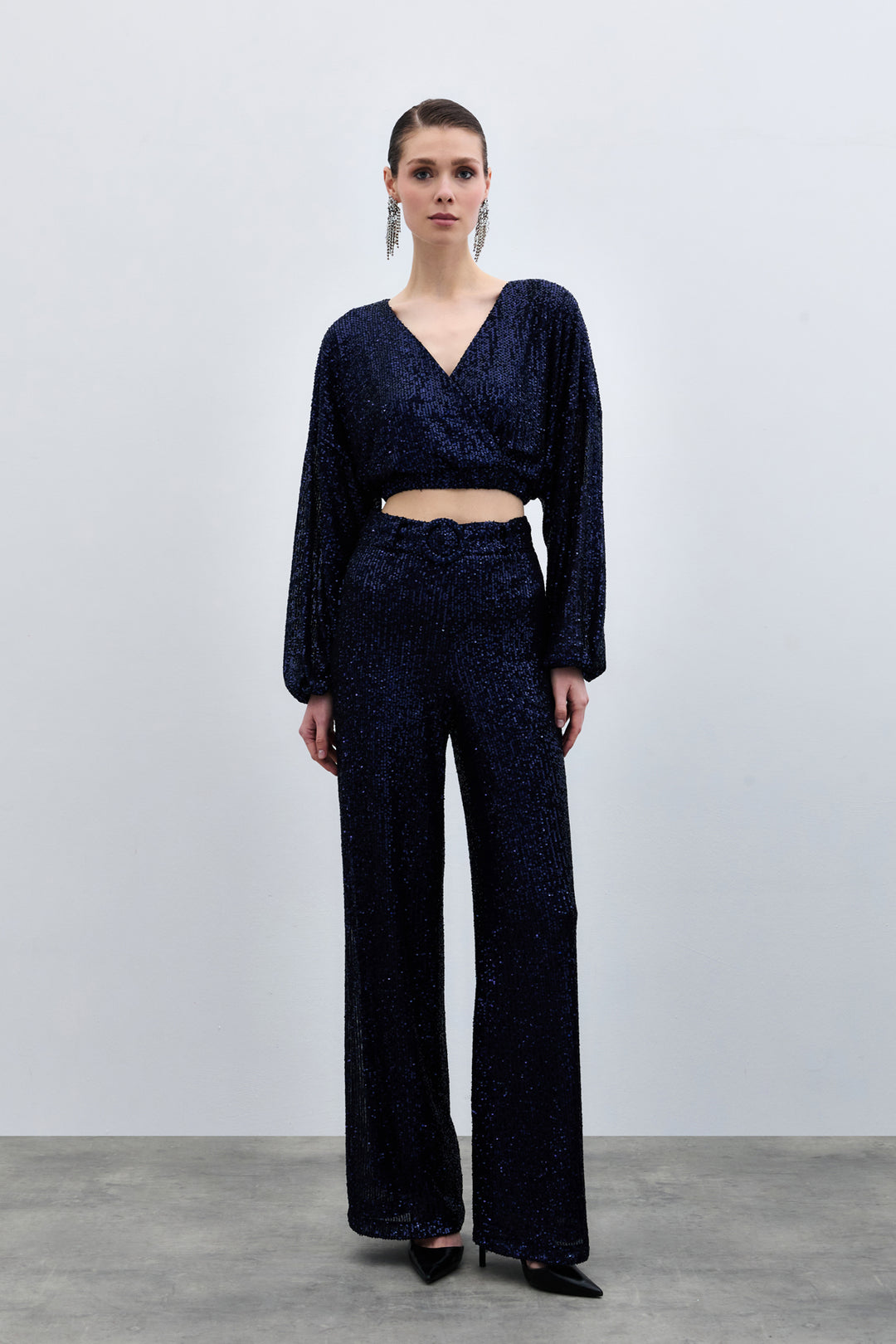 Sateen Pantalon à paillettes avec ceinture - Bleu marine
