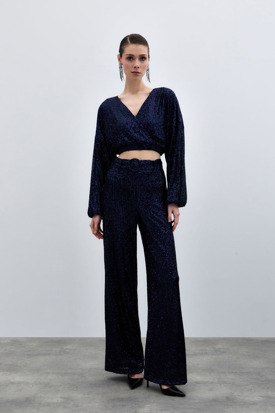 Sateen Pantalon à paillettes avec ceinture - Bleu marine