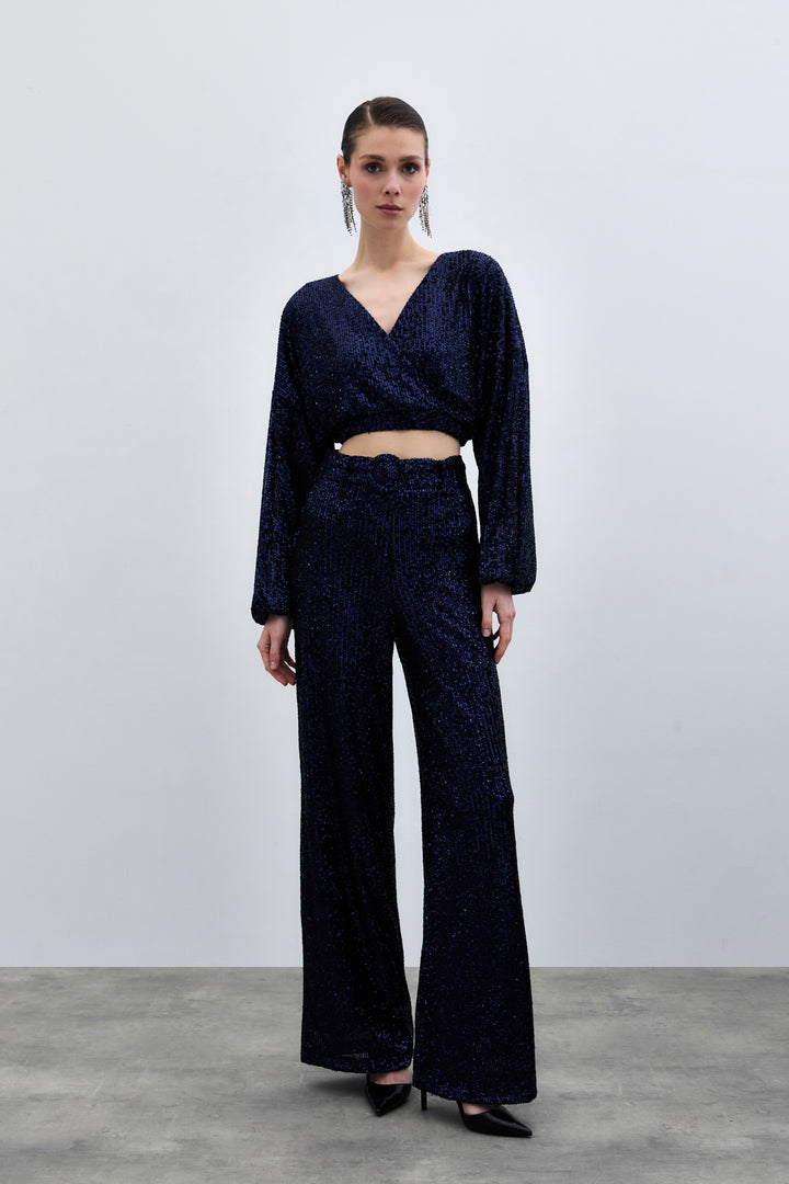 Sateen Pantalon à paillettes avec ceinture - Bleu marine