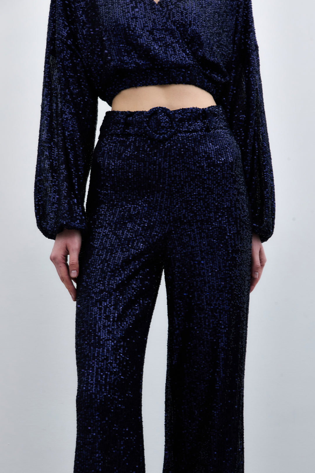 Sateen Pantalon à paillettes avec ceinture - Bleu marine