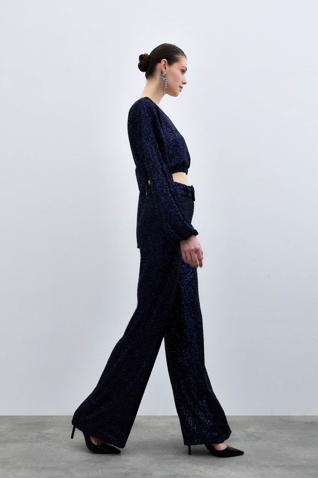 Sateen Pantalon à paillettes avec ceinture - Bleu marine