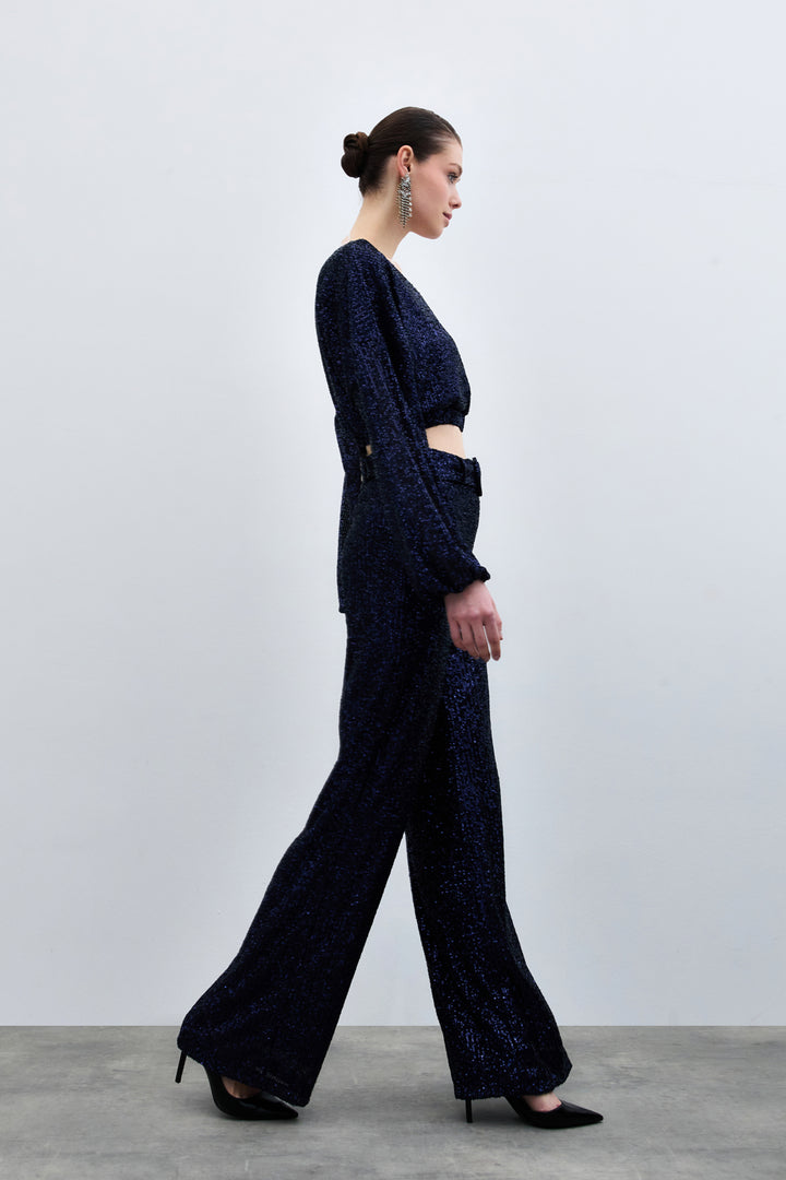 Sateen Pantalon à paillettes avec ceinture - Bleu marine