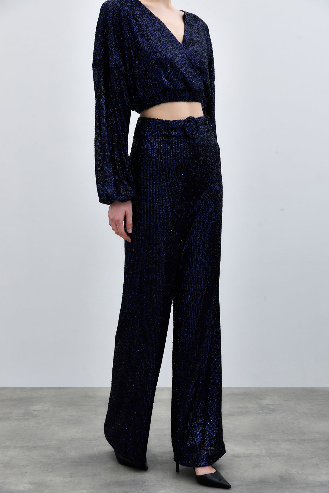 Sateen Pantalon à paillettes avec ceinture - Bleu marine