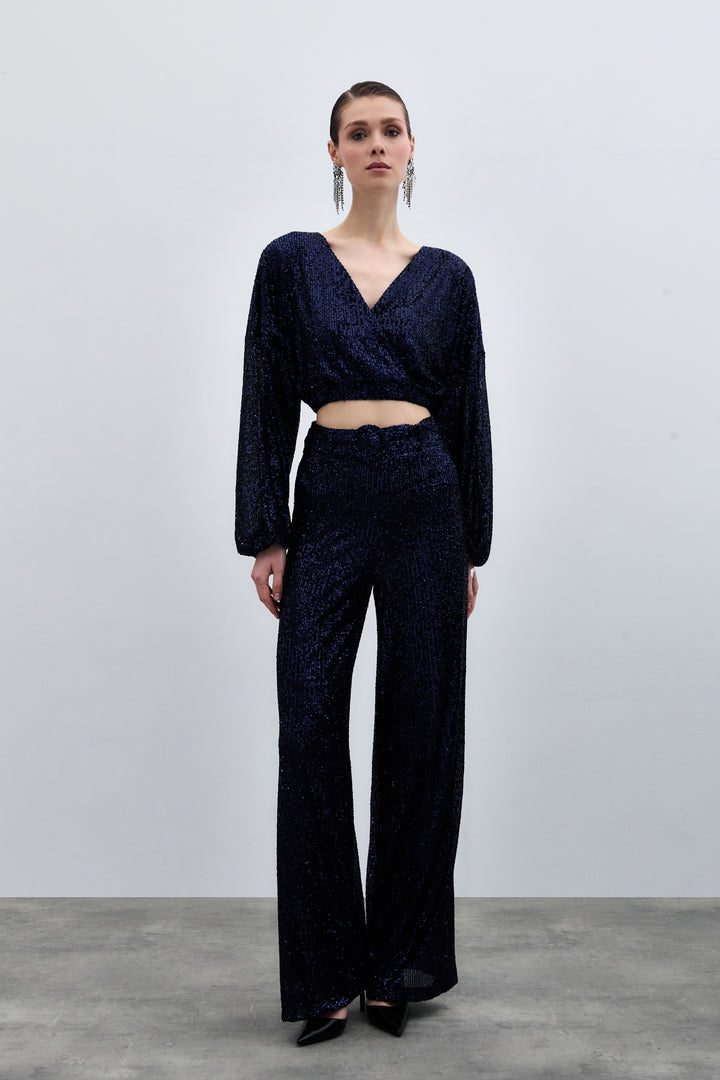 Sateen Pantalon à paillettes avec ceinture - Bleu marine