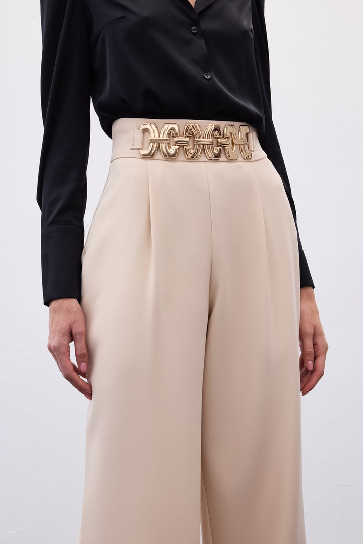 Sateen Pantalon ample ceinturé - Beige
