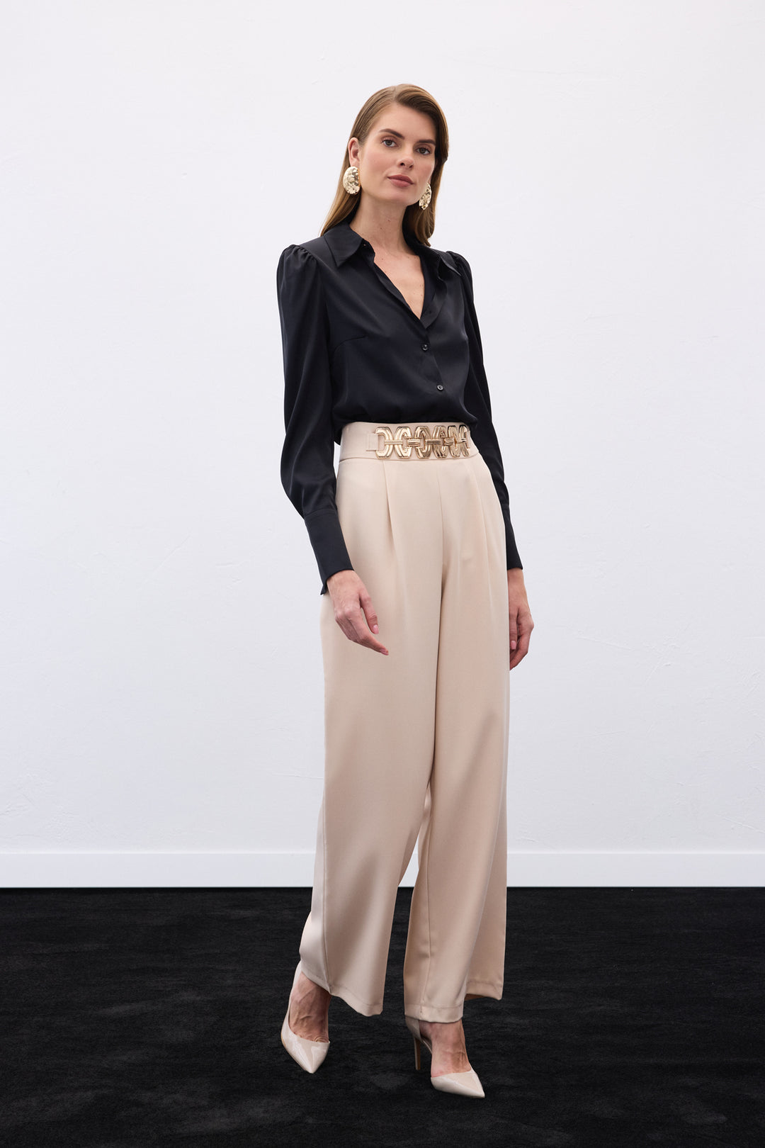 Sateen Pantalon ample ceinturé - Beige