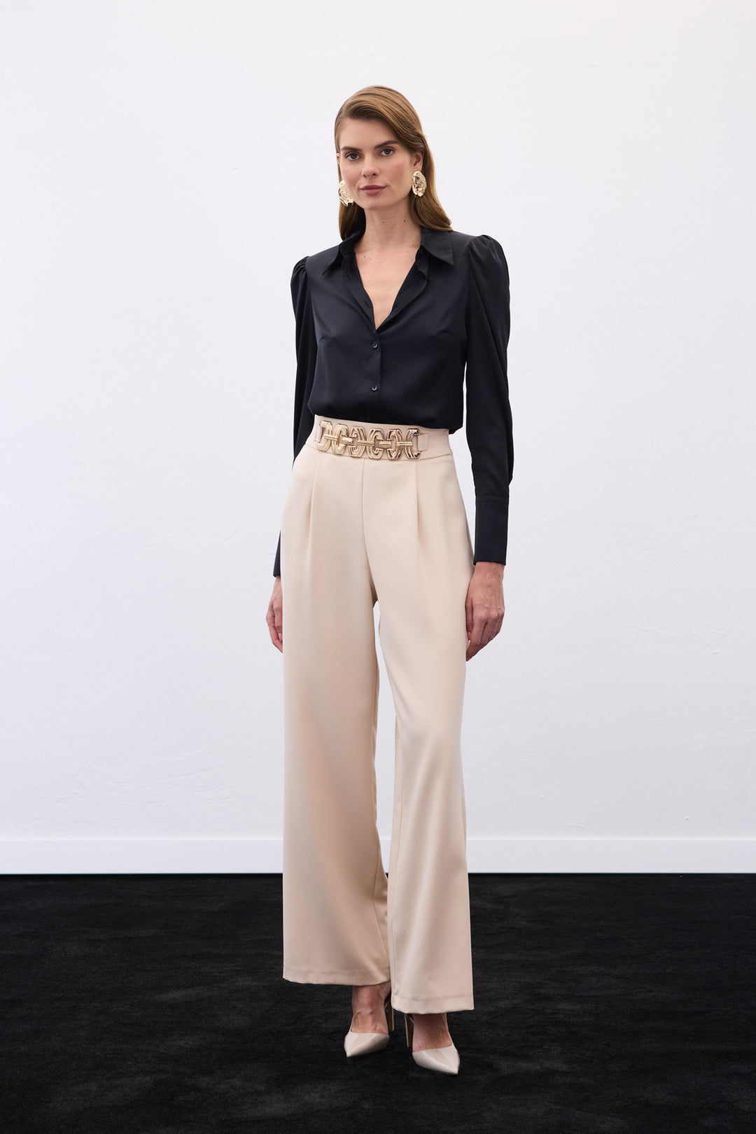 Sateen Pantalon ample ceinturé - Beige