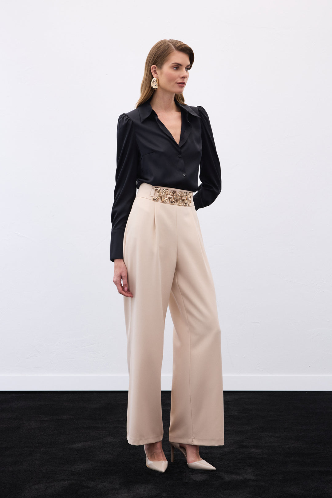 Sateen Pantalon ample ceinturé - Beige