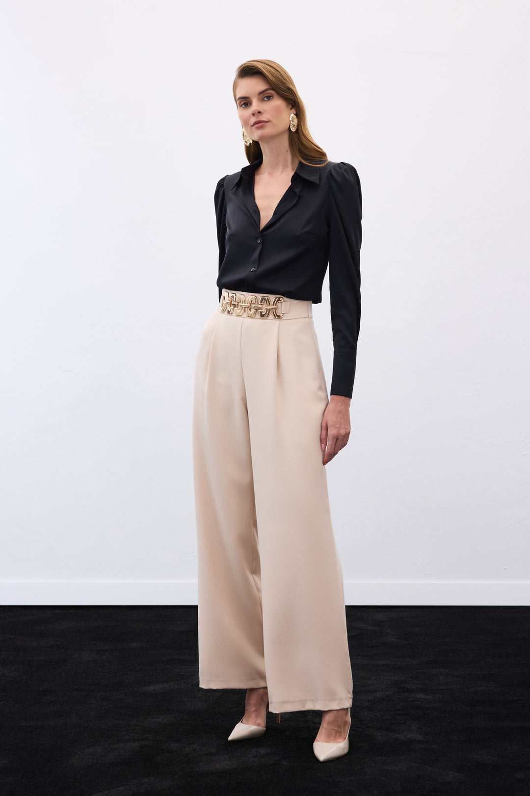 Sateen Pantalon ample ceinturé - Beige