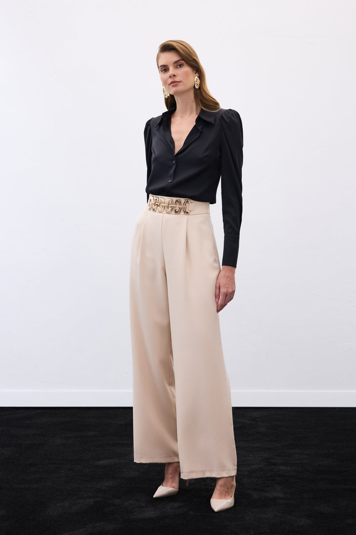 Sateen Pantalon ample ceinturé - Beige