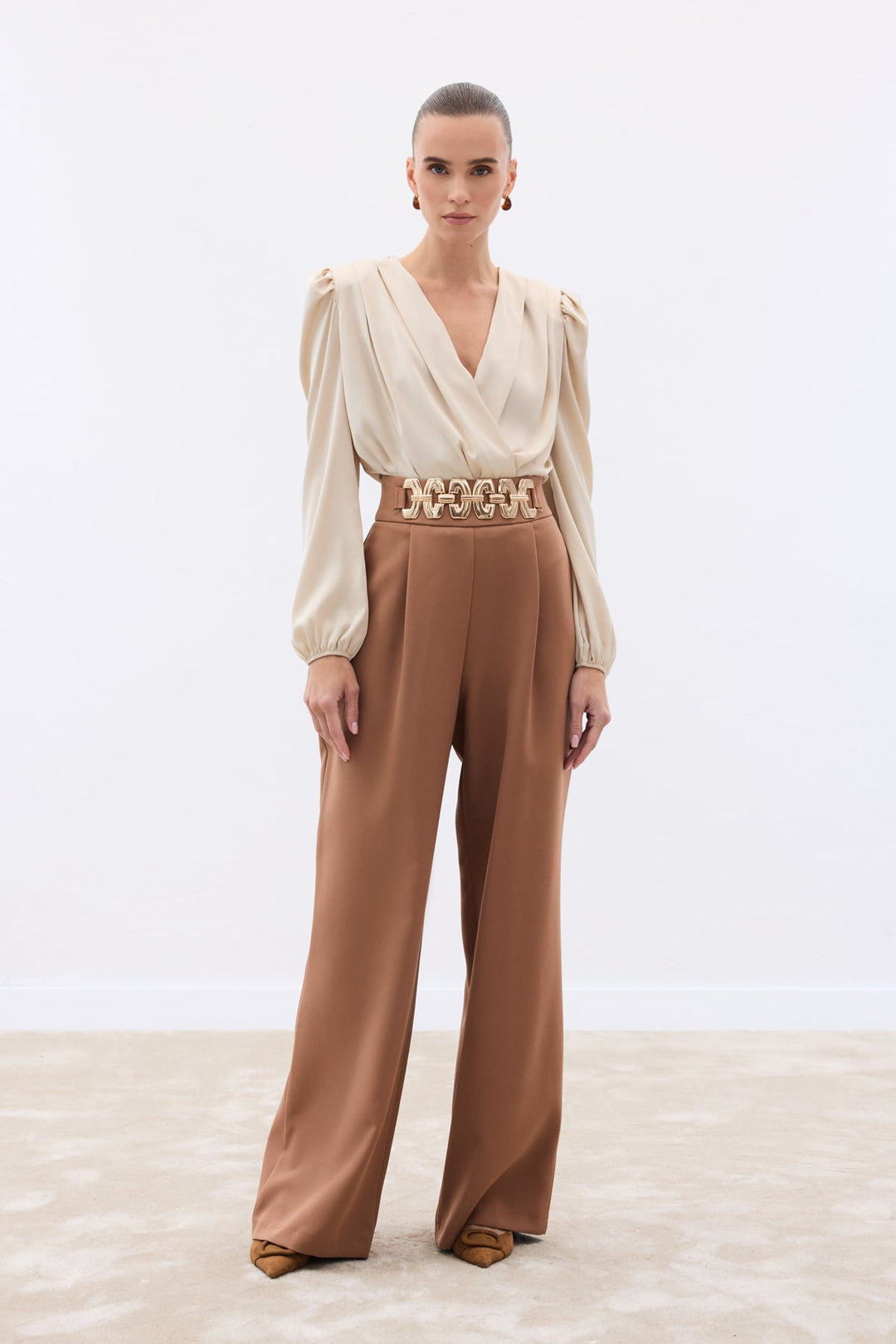 Sateen Pantalon ample ceinturé - camel
