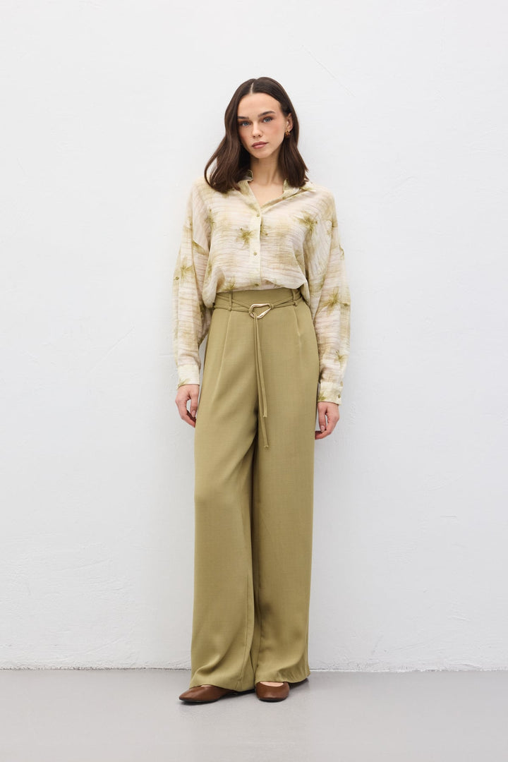 Sateen Pantalon Ample Ceinturé - Kaki
