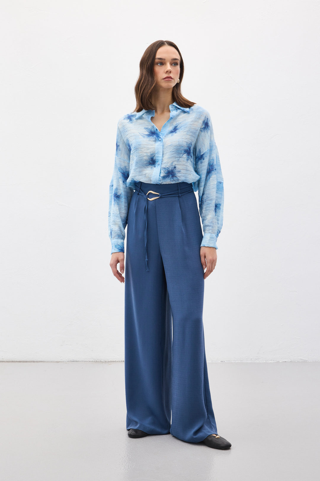 Sateen Pantalon ample ceinturé - Indigo