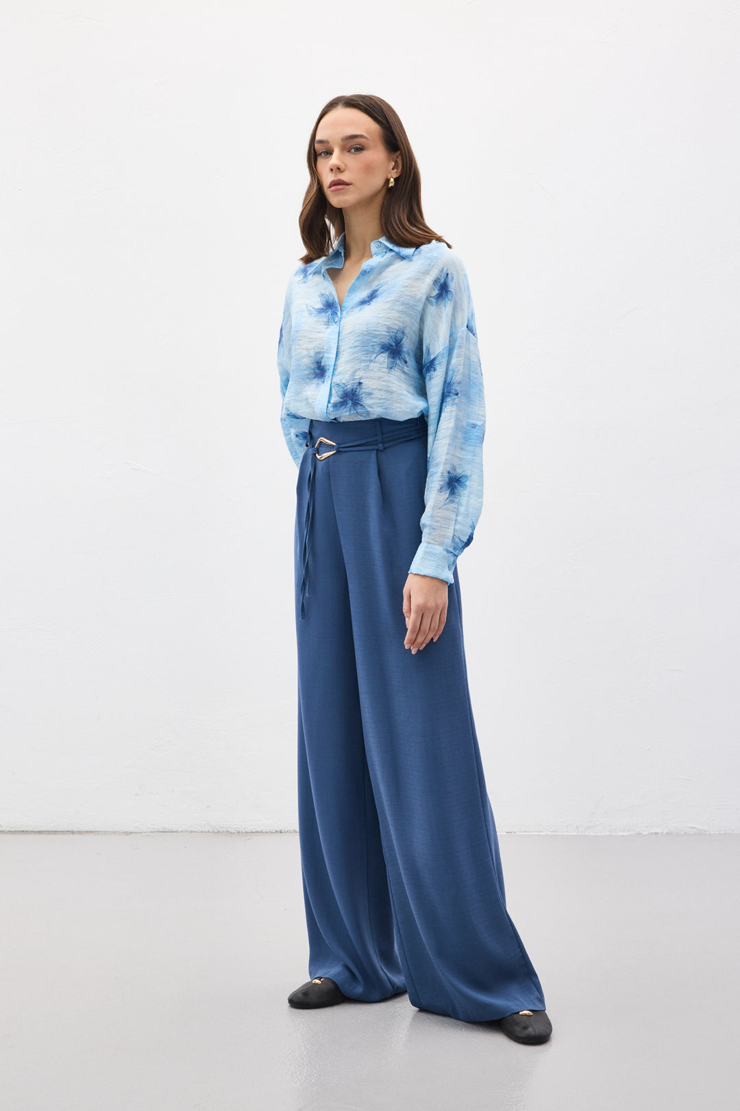 Sateen Pantalon ample ceinturé - Indigo