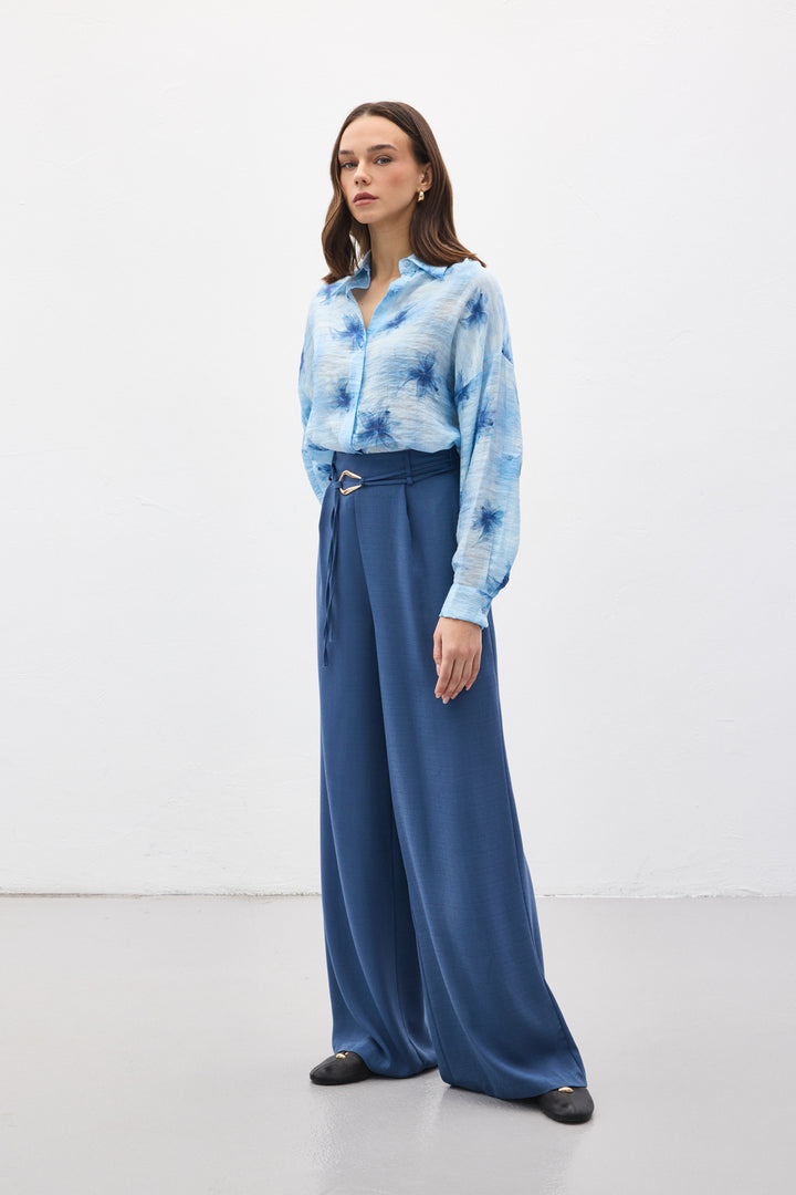 Sateen Pantalon ample ceinturé - Indigo