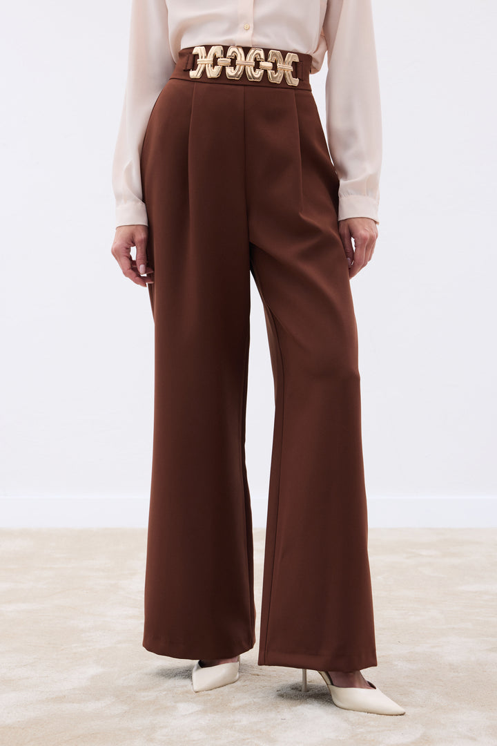 Sateen Pantalon ample ceinturé - Marron