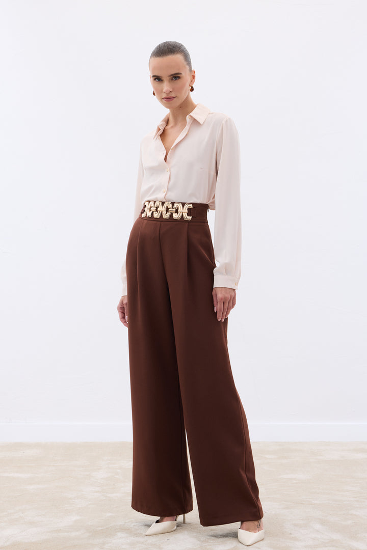 Sateen Pantalon ample ceinturé - Marron