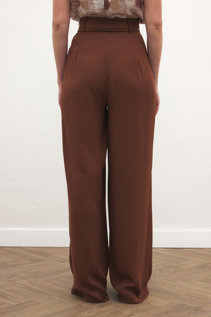 Sateen Pantalon Ample Ceinturé - Marron