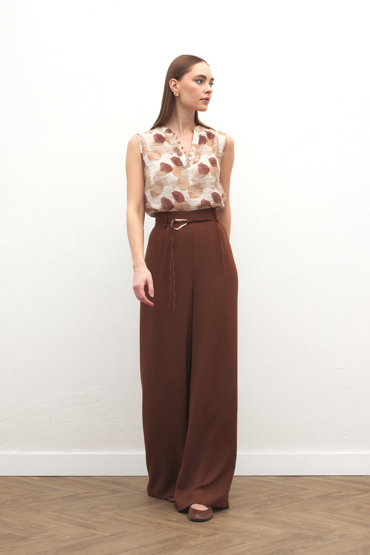 Sateen Pantalon Ample Ceinturé - Marron