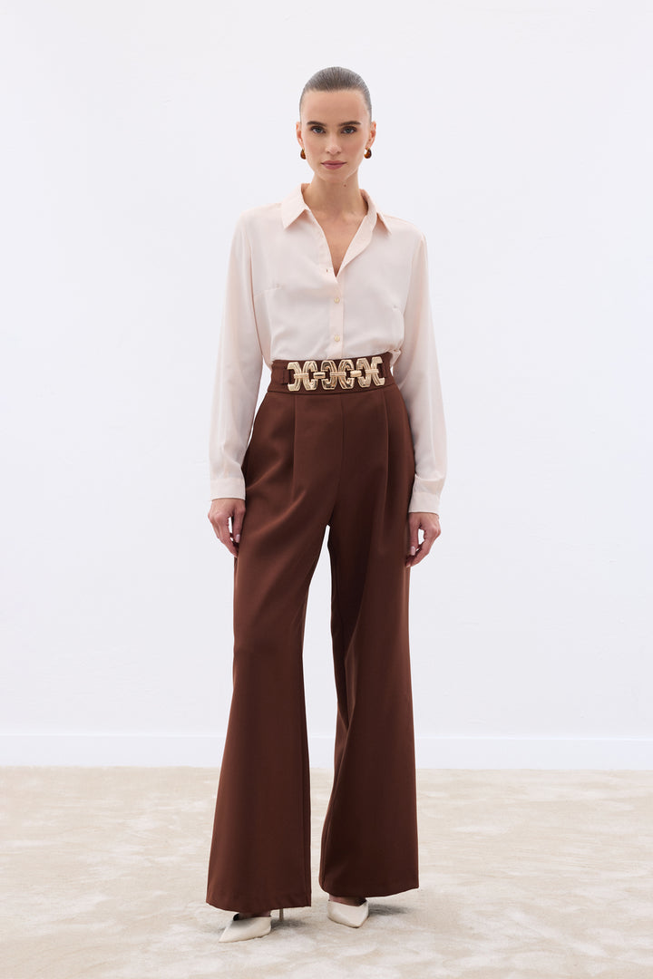 Sateen Pantalon ample ceinturé - Marron