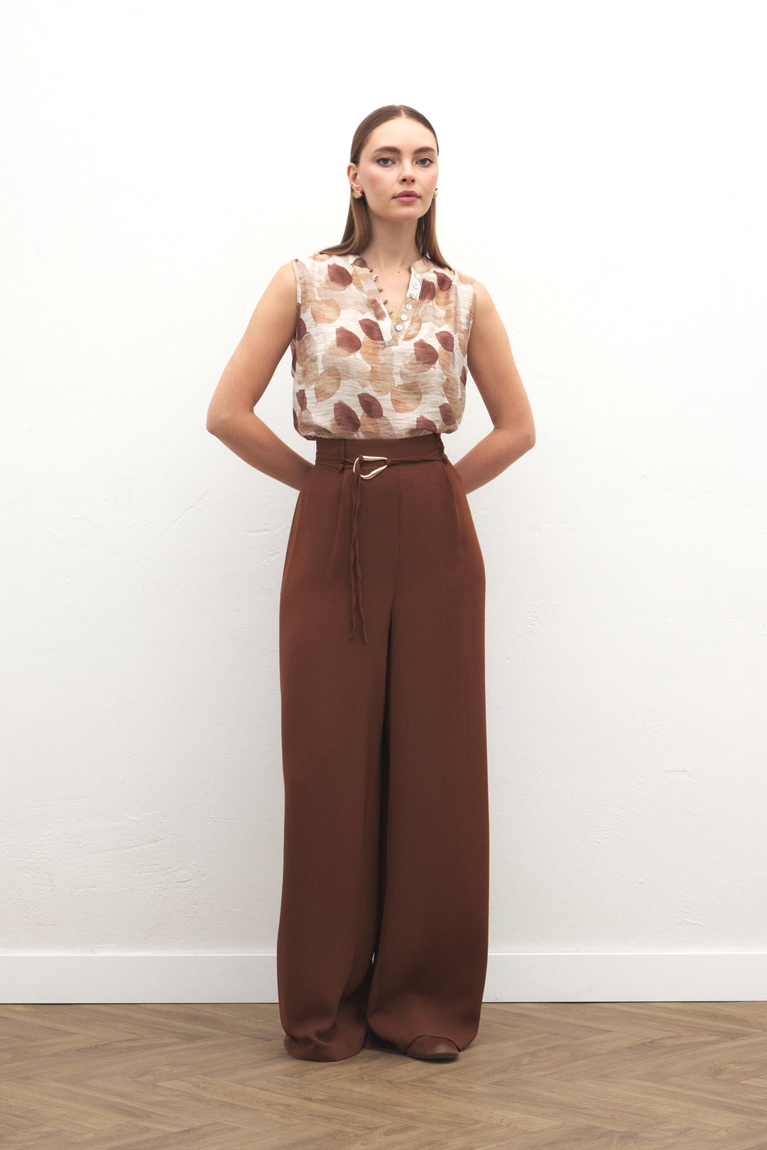Sateen Pantalon Ample Ceinturé - Marron